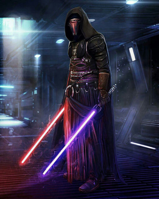 Experience the power of the dark side in a handmade oil painting on canvas, showcasing Darth Revan and his dual lightsabers. This mesmerizing artwork captures the iconic Sith Lord in all his glory. Immerse yourself in the striking details and vivid hues that bring this legendary Star Wars character to life. Own a unique masterpiece embodying the essence of Darth Revan's mastery.