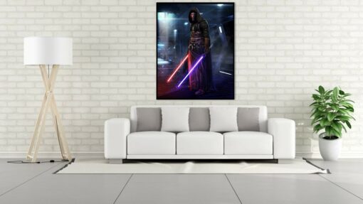 Experience the power of the dark side in a handmade oil painting on canvas, showcasing Darth Revan and his dual lightsabers. This mesmerizing artwork captures the iconic Sith Lord in all his glory. Immerse yourself in the striking details and vivid hues that bring this legendary Star Wars character to life. Own a unique masterpiece embodying the essence of Darth Revan's mastery.