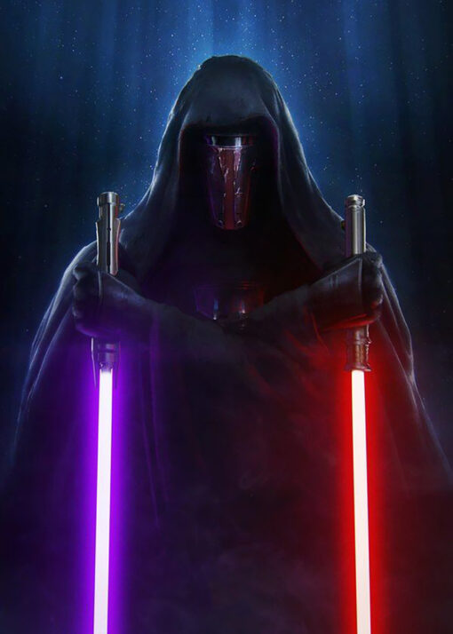 Unleash the Force with a handcrafted oil painting on canvas, featuring Darth Revan wielding dual lightsabers. This captivating artwork vividly portrays the iconic Sith Lord. Immerse yourself in the skillful brushstrokes and dynamic colors that bring Darth Revan to life. Own a one-of-a-kind masterpiece that embodies the power and allure of the dark side.