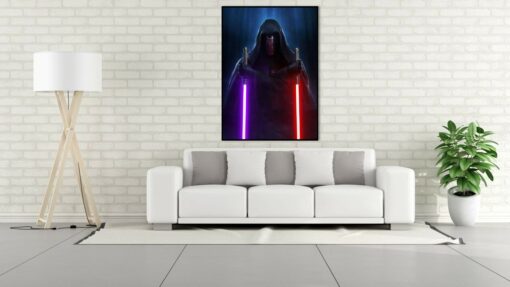 Unleash the Force with a handcrafted oil painting on canvas, featuring Darth Revan wielding dual lightsabers. This captivating artwork vividly portrays the iconic Sith Lord. Immerse yourself in the skillful brushstrokes and dynamic colors that bring Darth Revan to life. Own a one-of-a-kind masterpiece that embodies the power and allure of the dark side.