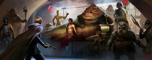 Immerse yourself in a captivating handmade oil painting on canvas, showcasing Jabba the Hutt and his entourage. This artwork portrays the infamous crime lord and his colorful team in vivid detail. Experience the rich textures and vibrant colors that bring this Star Wars underworld scene to life. Own a unique masterpiece embodying Jabba the Hutt's criminal empire.