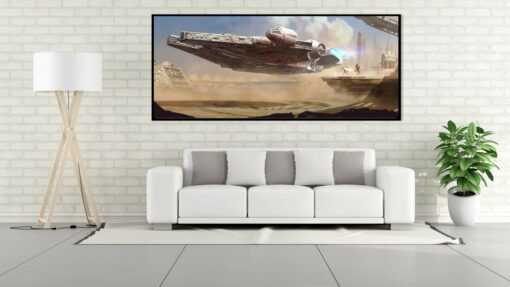 Step into the Star Wars universe with this captivating handmade oil painting on canvas, illustrating the daring escape of Han Solo, Lando Calrissian, and Chewbacca as they maneuver the Millennium Falcon amidst a thrilling battle at Cloud City. The artist skillfully portrays this iconic moment, showcasing bravery and adventure through vivid brushstrokes and vibrant colors. Bring the essence of the galaxy far, far away into your living space with this exceptional artwork, a must-have for any Star Wars aficionado.