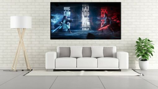 Step into the Star Wars universe with this mesmerizing handmade oil painting on canvas, portraying the epic clash between Obi-Wan Kenobi and Darth Vader as they engage in a monumental battle using the Force. The artist masterfully captures the intensity of the duel, showcasing the raw power and skill of these iconic characters. With striking brushwork and a rich color palette, this artwork vividly brings to life a pivotal moment in the Star Wars saga. Own a unique piece of this legendary confrontation and let the Force resonate in your space with this exceptional painting.