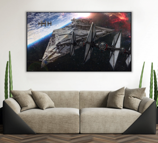 Step into the Star Wars saga with our captivating handmade oil painting featuring a powerful Star Destroyer flanked by nimble TIE fighters. Our talented artists have meticulously recreated this iconic scene, using vibrant hues and intricate brushwork. Perfect for Star Wars aficionados, this artwork embodies the epic battles and adventure of the galaxy. Own a unique masterpiece that transports you to the heart of the action. This exclusive Star Destroyer and TIE fighters oil painting is a testament to cinematic artistry, a treasure for collectors and fans alike.