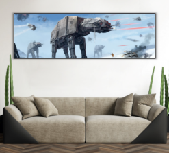 Delight in a handcrafted oil painting on canvas, showcasing the formidable AT-AT from Star Wars Empire set against the wintry backdrop of Hoth. The artist's deft strokes vividly portray this iconic sci-fi war machine, immersing you in the battle on the icy planet. With an impressive blend of artistry and fandom, this painting is a tribute to the Star Wars universe. Own a unique slice of the galaxy with this captivating representation of the Empire's might in a frigid world.