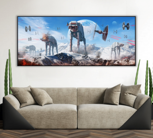 Explore an exquisite handmade oil painting on canvas capturing the iconic AT-AT from Star Wars Empire amidst the icy terrain of Hoth. The intricate brushstrokes bring the colossal walker to life, showcasing meticulous attention to detail. Immerse yourself in the Star Wars universe as the painting evokes the epic battle on this remote planet. This unique art piece combines artistic skill with sci-fi fandom, making it a must-have for any Star Wars enthusiast. Own a piece of the galaxy far, far away with this captivating portrayal of the Empire's might in an icy galaxy.