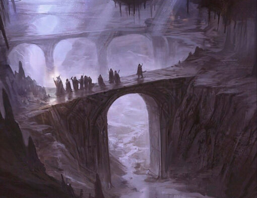 Discover our captivating handmade oil painting on canvas, depicting the Fellowship's passage across a bridge within the mysterious and haunting Moria cave. This intricately crafted artwork vividly captures the group's journey through the eerie depths and architectural marvels. Perfect for evocative decor, this portrayal embodies the essence of perilous adventure from Tolkien's world, offering a compelling and atmospheric centerpiece for your space.