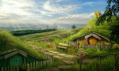 Step into the enchanting world of Middle-earth with our meticulously crafted handmade oil painting on canvas, portraying the idyllic and sunny landscape of Hobbiton, the charming hobbit town nestled in the Shire. This captivating artwork encapsulates the serene beauty of rolling hills, quaint homes, and lush greenery bathed in sunlight. Perfect for adorning your space, this picturesque portrayal of Hobbiton brings the magic of Tolkien's world to life, adding warmth and whimsy to any setting.