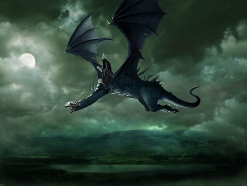 The Witch King on fellbeast flying in a beauttiful green sky
