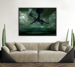 The Witch King on fellbeast flying in a beauttiful green sky