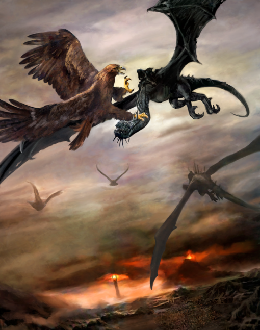 Tolkien eagles versus nazguls on fellbeasts at Mordor Gorgoroth