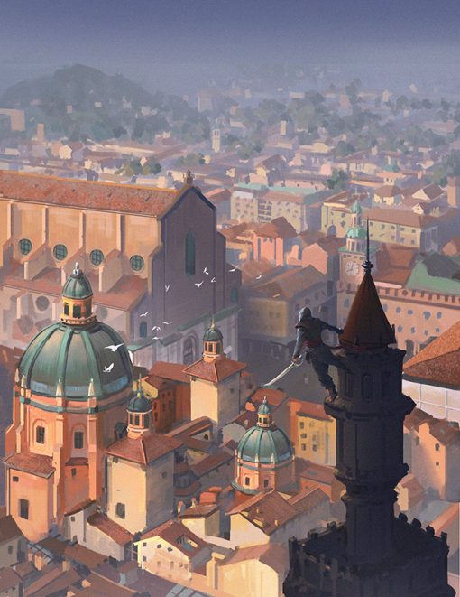 Assassin from Assassin's Creed amidst the stunning Italian scenery atop a church. Immerse yourself in the artistic portrayal, capturing the adrenaline-filled gaming universe with precision. Marvel at the skillful brushstrokes and vivid colors, bringing this iconic scene to life. This unique artwork is a must-have for gaming enthusiasts and art aficionados, seamlessly blending gaming nostalgia with artistic brilliance. Secure this masterpiece and own a piece of gaming history reimagined on canvas.