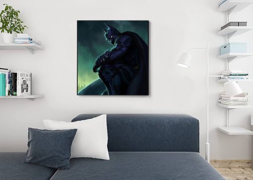 Envision Batman's silent vigil in the night through a meticulously hand-painted oil canvas. Feel the weight of his gaze as he sits in the shadows, ever watchful. Enhance your space with this evocative artwork, encapsulating the essence of Gotham's iconic guardian. Own a piece that brings Batman's silent strength to life, appealing to fans and art enthusiasts alike.