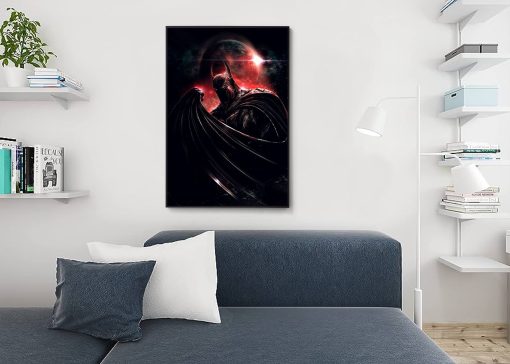 Step into the enigmatic world of the Dark Knight with a mesmerizing handmade oil painting on canvas, showcasing the iconic Batman in a compelling portrait, framed by a haunting blood moon. This remarkable artwork beautifully captures the vigilante in exquisite detail, exuding an air of mystery and suspense. Immerse yourself in the rich, dramatic colors that emphasize Batman's iconic essence against the eerie lunar backdrop. A must-have for comic fans and collectors, this painting commemorates the enduring legacy of the Caped Crusader in a striking masterpiece.