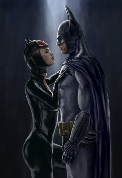 Delve into the enigmatic romance of Gotham City with a handmade oil painting on canvas, featuring a sensual portrait of Batman and Catwoman locked in a captivating face-to-face encounter. This extraordinary artwork skillfully captures the tension and allure between the Dark Knight and the elusive feline femme fatale in intricate detail. Immerse yourself in the rich, evocative colors that bring out their complex relationship. A must-have for comic enthusiasts and collectors, this painting celebrates the magnetic connection between Batman and Catwoman in a provocative masterpiece.