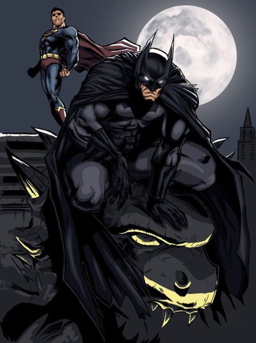 Experience an epic showdown in the night sky with a captivating handmade oil painting on canvas, featuring the iconic Batman and Superman against a moonlit backdrop. This extraordinary artwork skillfully portrays the two legendary heroes in intricate detail, as they stand together under the luminous moon. Immerse yourself in the rich, dramatic colors that emphasize their powerful presence. A must-have for comic enthusiasts and collectors, this painting celebrates the enduring legacy of these iconic heroes in a stunning masterpiece.