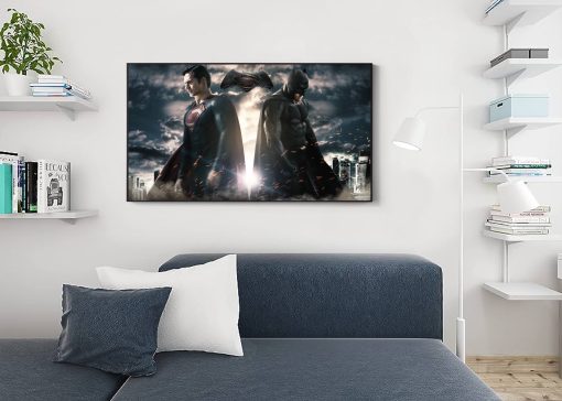 Delve into the epic rivalry between two legendary heroes with a mesmerizing handmade oil painting on canvas, featuring Batman and Superman standing back-to-back, their rivalry palpable. This remarkable artwork beautifully captures the contrasting personas of the heroes and the tension in intricate detail. Immerse yourself in the rich, dynamic colors that emphasize the clash of their worlds. A must-have for comic fans and collectors, this painting commemorates the enduring battle between these iconic figures in a striking masterpiece.