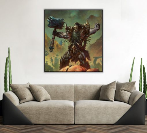 Unleash the might of the Horde with our handcrafted oil painting on canvas, featuring the fearsome orc Blackhand roaring for war, brandishing his powerful hammer. Every brushstroke vividly portrays this legendary World of Warcraft moment, capturing the ferocity and determination for battle. This limited edition masterpiece pays homage to the iconic leader and the spirit of war. Own a unique gaming treasure and infuse your space with the power and fury of Warcraft. Order now and feel the adrenaline of Blackhand's battle cry in this stunning canvas portrayal.