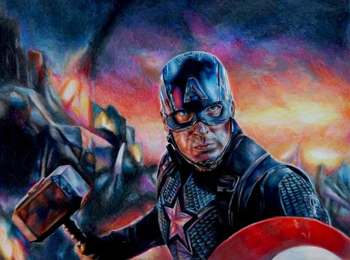 Unleash the power of Captain America in a stunning handmade oil painting on canvas, showcasing the hero effortlessly wielding his shield and Mjölnir. This dynamic artwork captures the essence of strength and valor with vibrant colors and intricate detailing. Immerse yourself in Marvel's iconic moment with this meticulously crafted masterpiece. Own a piece of superhero artistry that embodies might and heroism in every brushstroke.