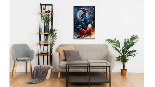 Experience the dynamic power of Captain America in action through this handmade oil painting on canvas, showcasing a dynamic jumping attack. The artwork vividly portrays the hero's strength and agility, capturing the essence of the Marvel icon. Immerse yourself in this captivating masterpiece, rich in vibrant colors and precise detailing. Own a piece of superhero artistry that epitomizes action and valor, bringing Captain America's heroic prowess to life in every brushstroke.