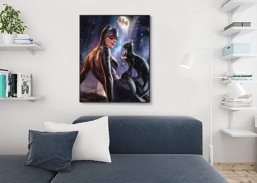 Discover the enchanting world of Catwoman in a hand-painted oil canvas, featuring a seductive portrait accompanied by a captivating black cat. Immerse yourself in the allure of this mesmerizing artwork. Elevate your space with this unique masterpiece, tailored for Catwoman aficionados and art aficionados alike. Own a piece that encapsulates Catwoman's mysterious allure, meticulously handcrafted to perfection. Embrace the feline elegance in this stunning, handmade portrait.