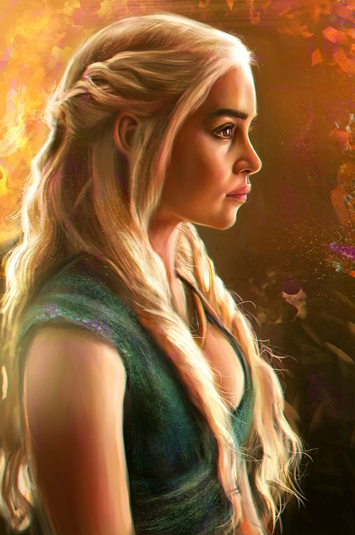 Step into the enchanting universe of our meticulously crafted oil painting on canvas, showcasing a magnificent portrait of Daenerys Targaryen. This extraordinary piece of art surpasses traditional décor, bringing the beloved character to life with the artist's skillful brushwork. Whether you wish to enhance your living space or surprise a fellow fan, this painting is the perfect choice. Let the Mother of Dragons infuse your environment with her captivating presence through this unique and artistic masterpiece.