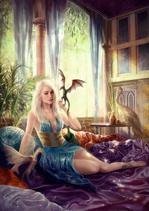 Step into the enchanting realm of our canvas art, featuring a captivating portrait of Daenerys Targaryen. This exquisite masterpiece showcases the Mother of Dragons adorned in a graceful gown, accompanied by one of her baby dragons. More than mere decoration, this painting adds a touch of magic to your space or makes a perfect gift for fellow fans of this iconic character. Immerse yourself in the allure of Daenerys and her loyal dragon companion with this stunning artwork.