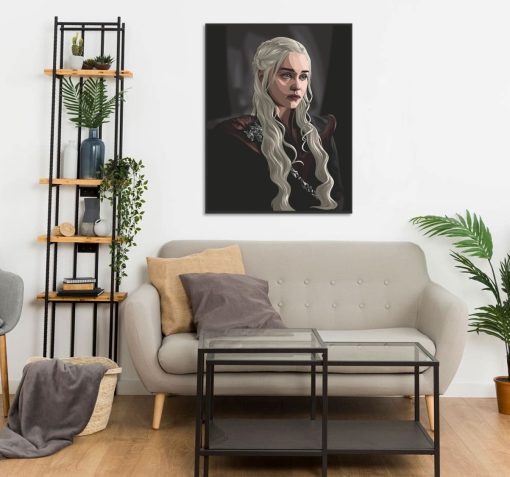 Experience a mesmerizing, handcrafted oil painting on canvas showcasing the legendary Daenerys Targaryen in an exquisite portrait. This unique artwork beautifully encapsulates her powerful and enigmatic persona, perfect for Game of Thrones admirers and art enthusiasts seeking a bold centerpiece. Elevate your space with the elegance and allure of Daenerys, portrayed in rich, vivid colors and meticulous detail, adding an extraordinary touch to any room.