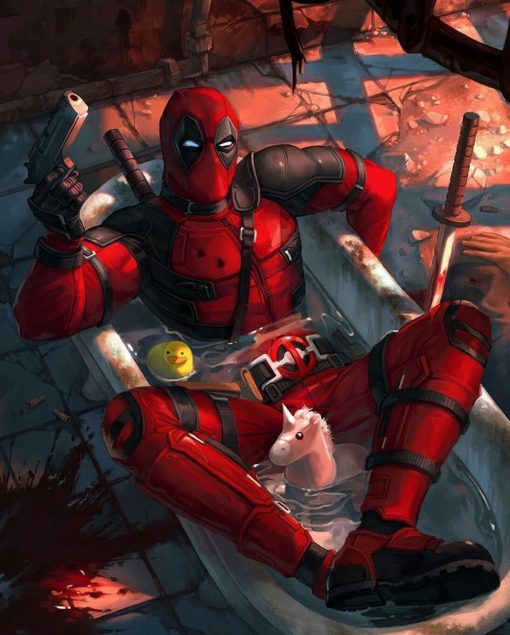 Add a touch of humor to your space with our handcrafted oil painting on canvas, showcasing Deadpool in a playful bath pose with his signature shotgun. This limited edition artwork embodies Deadpool's irreverent spirit and wit, perfect for fans of the Merc with a Mouth. Own this unique portrayal, capturing the essence of Deadpool's humor and action in a vibrant canvas masterpiece. Order now and infuse your space with the hilarious charm of this iconic anti-hero.