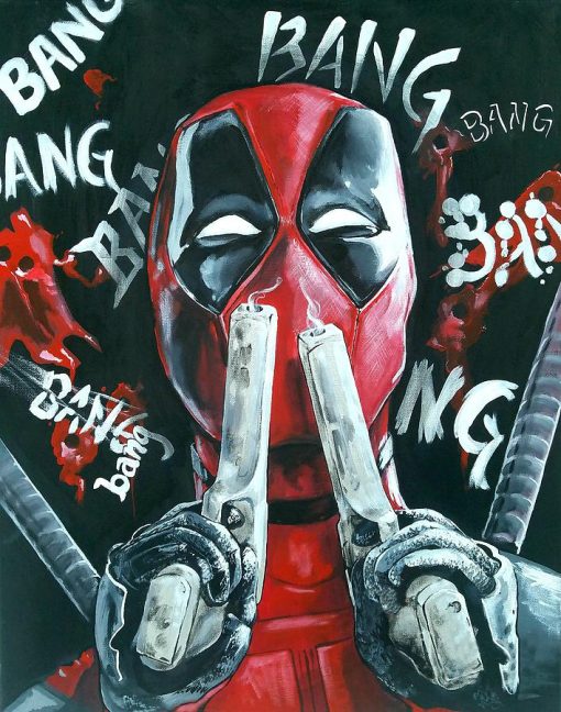 Immerse yourself in the world of Deadpool with a striking handmade oil painting on canvas, showcasing the antihero in a unique portrait. In this extraordinary artwork, Deadpool playfully sniffs the smoke from his two guns, capturing his unconventional charm and irreverent humor in intricate detail. Dive into the rich and vibrant colors that bring this iconic character to life. A must-have for fans and collectors, this painting celebrates the unorthodox spirit of Deadpool in a stunning masterpiece.