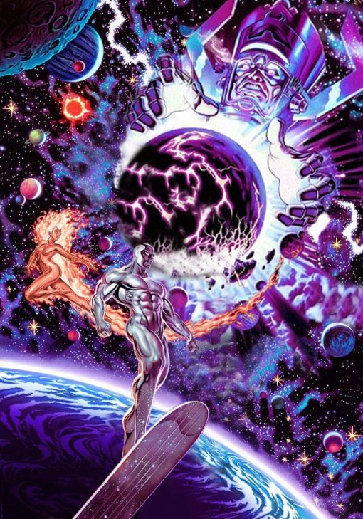 Embark on an interstellar journey with a captivating handmade oil painting on canvas, featuring the cosmic entities Galactus and the Silver Surfer. This extraordinary artwork skillfully portrays these iconic characters against a celestial backdrop, capturing the grandeur of the cosmos. Immerse yourself in the rich, otherworldly colors that bring to life the epic design. A must-have for comic enthusiasts and collectors, this painting celebrates the vastness of the Marvel Universe in a stunning masterpiece.