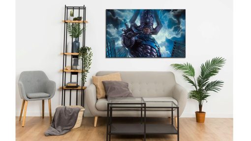 Enter the Marvel realm through a stunning handmade oil painting on canvas, featuring Galactus about to crush a city with his colossal hand. This visually striking artwork portrays the impending doom with intricate details and vibrant colors. Immerse yourself in the tension and power exuded by Galactus, captured expertly on canvas. An essential piece for art lovers and Marvel fans, depicting a pivotal moment of destruction and might.