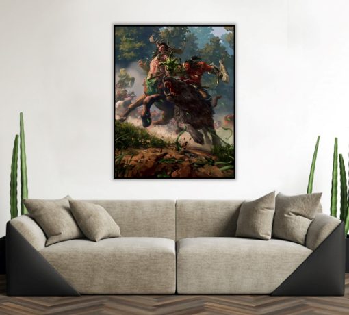 Step into the epic tales of Azeroth with a mesmerizing handmade oil painting on canvas, depicting the legendary Grommash Hellscream engaged in fierce combat against a formidable Grove Guard. This remarkable artwork skillfully captures the warrior's unwavering resolve amidst the lush and mystical grove. Immerse yourself in the vivid details and vibrant colors that bring Grommash Hellscream's valor to life. A must-have for WoW fans and collectors, this painting celebrates the iconic character's battle prowess in a striking masterpiece.