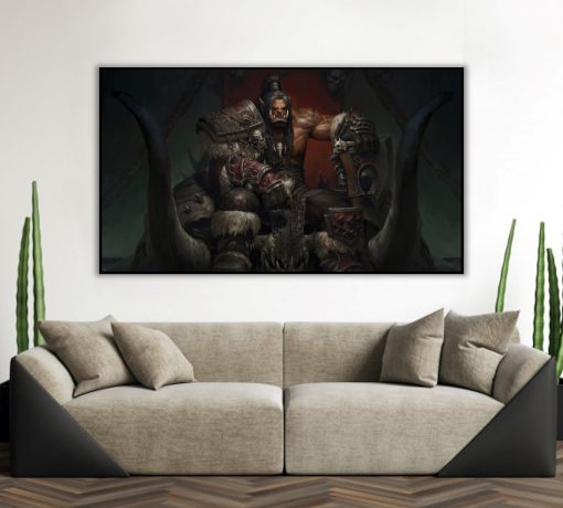 Step into the hallowed halls of Orgrimmar with a mesmerizing handmade oil painting on canvas, featuring the legendary Grommash Hellscream in a seated portrait within the city's iconic Legend Hall. This remarkable artwork skillfully captures the character's enduring legacy and resolute spirit in the heart of Orgrimmar. Immerse yourself in the vivid details and vibrant colors that bring Grommash Hellscream's presence to life. A must-have for WoW fans and collectors, celebrating the legendary character in the legendary city of Orgrimmar in a striking masterpiece.