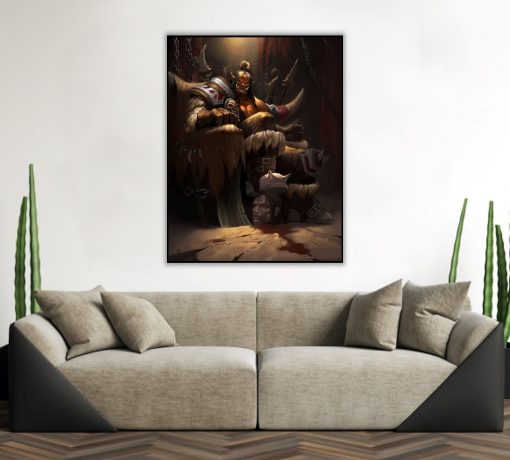 Experience the might of Grommash Hellscream, a legendary warrior of Warcraft, in a captivating handmade oil painting on canvas. This seated portrait exquisitely captures the character's strength and indomitable spirit, brought to life with vivid detail and vibrant colors. A must-have for WoW fans and collectors, this painting commemorates the iconic presence of Grommash Hellscream in a stunning masterpiece.