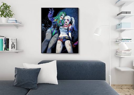 Discover a mesmerizing handmade oil painting on canvas portraying Harley Quinn and a compelling female Joker. Our talented artists have meticulously crafted this enthralling piece, capturing the essence of these iconic characters in stunning detail. Elevate your space with this exceptional artwork, blending skilled craftsmanship and the allure of Harley Quinn and the female Joker. Own a masterpiece that embodies the spirit of chaos and creativity, adding a captivating touch to your collection.