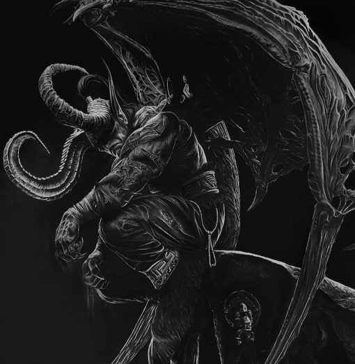 Indulge in the allure of a handmade black and white oil portrait on canvas, showcasing the legendary Illidan. Each brushstroke captures his captivating presence and complexity in exquisite monochrome detail. A perfect blend of artistry and fandom, this piece is a treasure for Warcraft enthusiasts. Elevate your decor with this timeless masterpiece, featuring Illidan in a powerful and artistic monochromatic portrayal.