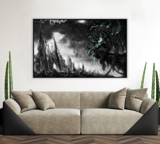 Immerse yourself in the artistry of a hand-painted black and white oil portrait on canvas, featuring the enigmatic Illidan set against a mesmerizing landscape. Every brushstroke skillfully captures his fierce presence and the beauty of the surroundings. This unique artwork seamlessly blends craftsmanship and fandom, making it a prized possession for Warcraft aficionados. Enhance your space with this Illidan masterpiece, a tribute to his iconic character amidst a stunning monochrome backdrop.