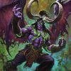 Handmade oil painting on canvas depicts Illidan Stormrage, a popular character from the video game World of Warcraft. Illidan is a night elf demon hunter with horns, wings, and green eyes. He is wearing a green robe and standing in a forest. The painting is highly detailed and realistic, with a focus on Illidan's facial features and the textures of his skin and hair. The painting is both visually striking and captivating, and it is sure to appeal to fans of World of Warcraft and fantasy art in general.