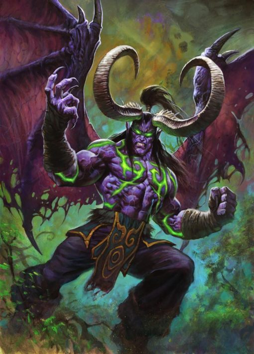 Handmade oil painting on canvas depicts Illidan Stormrage, a popular character from the video game World of Warcraft. Illidan is a night elf demon hunter with horns, wings, and green eyes. He is wearing a green robe and standing in a forest. The painting is highly detailed and realistic, with a focus on Illidan's facial features and the textures of his skin and hair. The painting is both visually striking and captivating, and it is sure to appeal to fans of World of Warcraft and fantasy art in general.