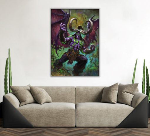 Stunning handmade oil painting of Illidan Stormrage, the iconic demon hunter from World of Warcraft. Illidan is depicted standing in a forest, his horns and wings proudly displayed. The painting is highly detailed and realistic, with a focus on Illidan's facial features and the textures of his skin and hair. A must-have for any fan of World of Warcraft or fantasy art.