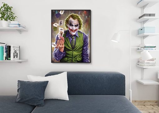 Experience the allure of a handmade oil painting on canvas, featuring the Joker's enigmatic smile while playfully tossing cards. Our talented artists have expertly crafted this dynamic scene, capturing the essence of this iconic character. Elevate your space with this mesmerizing artwork, blending skilled craftsmanship and the mischievous charisma of the Joker. Own a masterpiece that embodies the Joker's essence, adding a burst of intrigue and personality to your collection.