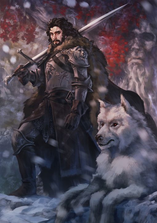 Experience the mystique of the North in our handcrafted oil painting on canvas, portraying Jon Snow accompanied by his fierce companion, Ghost the wolf. This exquisite artwork encapsulates Jon's courage and the deep bond they share. Immerse yourself in the Game of Thrones universe through this captivating depiction. Own a unique piece that celebrates the strength of Jon Snow and the loyalty of Ghost, bringing this iconic duo to life.