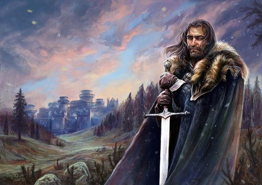 Unveil the essence of Westeros in our bespoke oil painting on canvas, skillfully handcrafted to portray the noble Ned Stark amidst the grandeur of Winterfell. This art piece evokes Stark's unwavering integrity against the Northern backdrop. Immerse yourself in Game of Thrones with this unique depiction. Own a remarkable blend of Ned Stark's presence and the allure of Winterfell through this exclusive, handcrafted painting.