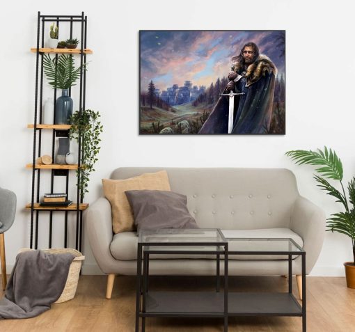 Step into the realm of Westeros with our meticulously handcrafted oil painting on canvas, showcasing Ned Stark standing proudly before the iconic Winterfell landscape. This masterpiece encapsulates Stark's unwavering honor and connection to the North. Immerse yourself in the world of Game of Thrones through this unique artwork. Bring the noble spirit of Ned Stark and the beauty of Winterfell into your space with this captivating, one-of-a-kind painting.