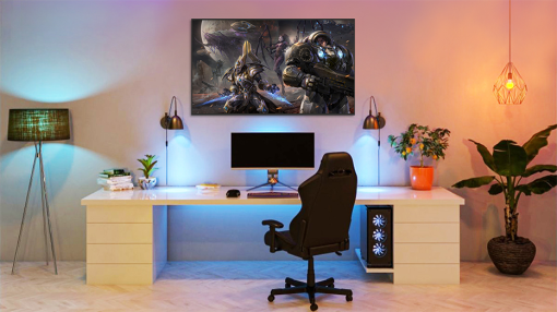 Embark on a visual odyssey with a handcrafted oil painting on canvas, showcasing Kerrigan, Artanis, and Raynor rallying to combat Amon's hybrid army. This awe-inspiring artwork encapsulates the heroic convergence and determination of these iconic StarCraft leaders, immortalized in oil strokes. Own this exceptional masterpiece, an artistic embodiment of courage against the malevolent forces in the StarCraft narrative. Elevate your space with this exclusive art—an epitome of gaming valor and artistic excellence. Hurry to secure your limited edition and immerse yourself in this gripping depiction.
