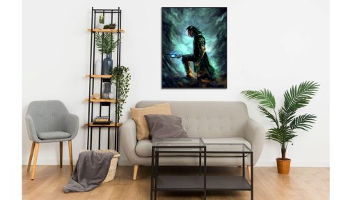 Elevate your surroundings with a mesmerizing handmade oil painting on canvas, capturing Loki in a profile view, gracefully kneeling on the floor, while wielding a potent scepter. This remarkable artwork skillfully portrays Loki's regal bearing and the enchanting allure of the magical scepter, all from a dynamic profile perspective. Immerse yourself in the rich and captivating colors that enhance this iconic moment. A must-have for fans and collectors, this painting celebrates the charismatic charm of Loki and the wielded power of the scepter in a stunning masterpiece.