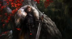 Envision the iconic presence of Ned Stark before the legendary Winterfell tree in this handcrafted oil painting on canvas. Immerse yourself in the Stark legacy through expert brushstrokes and vibrant colors. Experience the gravity of honor and heritage captured in this exclusive artwork. Elevate your space with this poignant masterpiece embodying the soul of the North. Limited edition – secure yours today and pay homage to the Game of Thrones legacy.