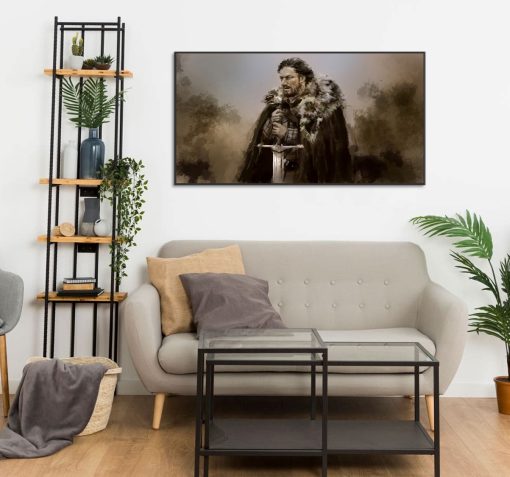Behold the timeless nobility of Ned Stark, immortalized in our handcrafted oil painting on canvas, sword poised in front. Immerse yourself in the artistry that brings this iconic Game of Thrones character to life, every stroke telling a story of valor. Experience the unwavering strength and honor captured in this exclusive artwork. Elevate your space with this commanding masterpiece, a tribute to the legacy of a true hero. Limited availability – seize the opportunity to own a piece of Westeros lore.