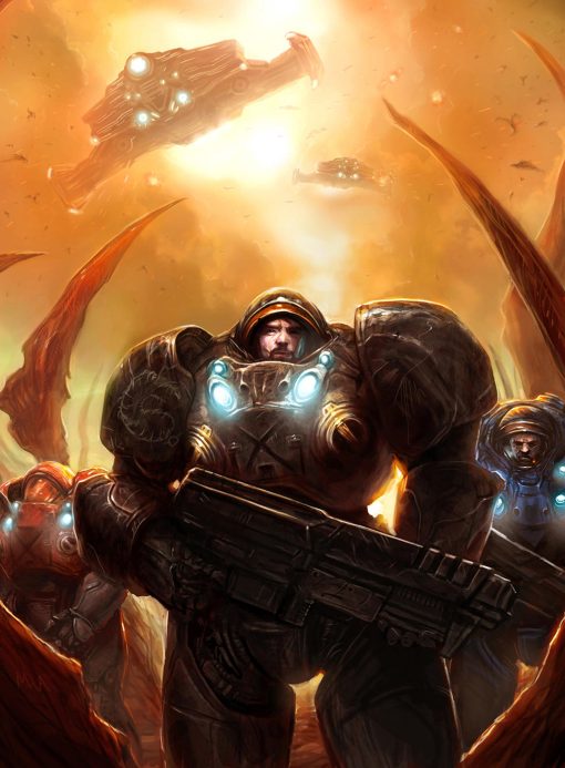 Immerse in the epic battle of Jim Raynor and Tychus in this exclusive handmade oil painting on canvas. Witness the iconic duo, clad in formidable marine armor, amidst the fiery landscapes of Char. This unique artwork captures the essence of the StarCraft universe, bringing to life the intensity and valor of the Char planet's warzone. Experience the adrenaline of the battlefield in every brushstroke, a masterpiece that any StarCraft enthusiast would cherish.
